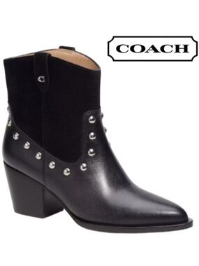 NWT COACH Women’s Booties size 11, Pauline Black Leather Suede Studded Western
